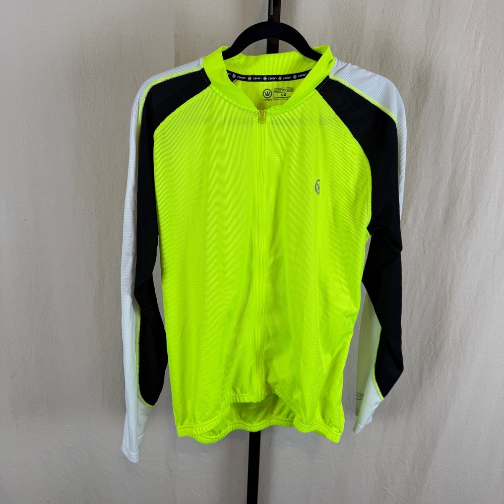 Canari Mens Cycling Jersey Long Sleeve Neon Yellow Black White Large Zip Pocket